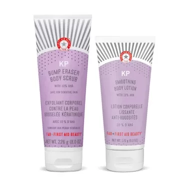 First Aid Beauty KP Bundle: KP Bump Eraser Body Scrub with 10% AHA - 8 oz - and KP Smoothing Body Lotion - 6 oz