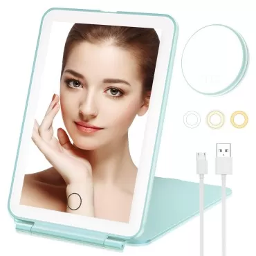 Mecion Makeup Mirror with 10X Magnifying Mirror, Vanity Mirror with 80 LED Lights, Compact LED Mirror, Portable Cosmetic Mirror with 3 Color Lights, Travel Accessories for Women (Light Green)
