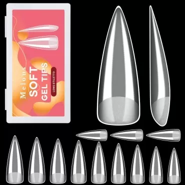 Long Stiletto Soft Gel Nail Tips, Melous 600PCS Pre Buff Full Cover Nail Tips Gel x Nail Tips Matte False Fake Nails