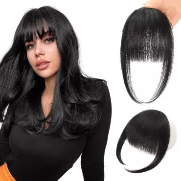 FLUFYMOOZ Clip in Bangs 100% Human Hair, Bangs Hair Clip Extensions, Clip on Bangs Wispy Bangs French Bangs Fringe with Temples Hairpieces for Women, Fake bangs for Daily Wear?French Bangs Natural Black ?