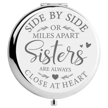 YSUNM Sister Gift-Travel Compact Makeup Silver Mirror Side by Side or Miles Apart Sisters are Always Close at Heart for Sister Friend,Birthday,Graduation Thanksgivingor