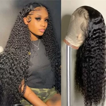 Deep Wave Lace Front Wigs Human Hair 13x4 HD Lace Frontal Wigs Human Hair Deep Curly Human Hair Wigs for Women Glueless Brazilian Virgin Hair Wet and Wary Human Hair Wigs Pre Plucked Hairline with Baby Hair Natural Black Color (24inch)