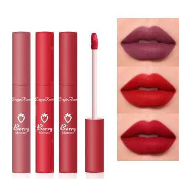 KWOLYKIM 3 Pack Sweet Matte Liquid Lipstick Set, Lip Gloss Set Waterproof Long Lasting Non-Stick Cup, Cute Strawberry Matte Velvet Lips Makeup Kit for Women 04