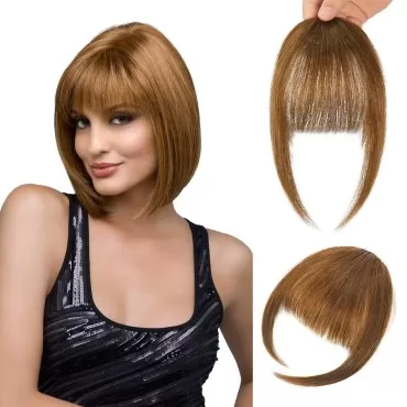 FLUFYMOOZ Clip in Bangs 100% Human Hair, Bangs Hair Clip Extensions, Clip on Bangs Wispy Bangs French Bangs Fringe with Temples Hairpieces for Women, Fake bangs for Daily Wear(French Bangs Medium Golden Brown)