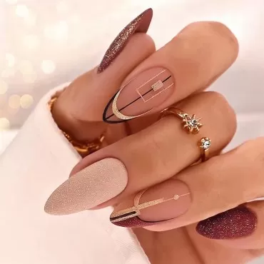 IMSOHOT Almond Press on Nails Medium Matte Stiletto Fake Nails Glitter Brown Glue on Nails Full Cover False Nails Acrylic Nails for Women