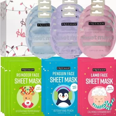 Freeman Christmas Face Mask Set, 21 Count Assorted Holiday Limited Edition Facial Masks, Ornaments, Reindeer, Snowman and More In Holiday Gift Box, Great Stocking Stuffer, Ideal Gifts for Women