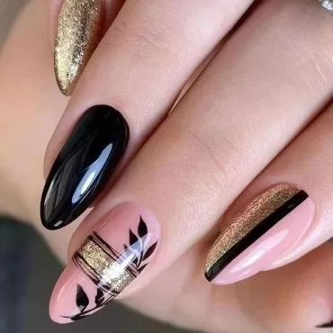 IMSOHOT Almond Press on Nails Medium Stiletto Glossy Fake Nails Black Glitter False Nails with Designs Full Cover Acrylic Nails