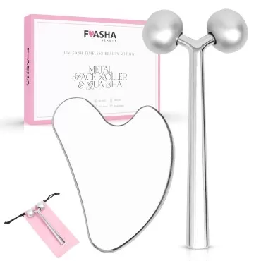 Fuasha Stainless Steel Guasha Face Roller - Premium Gua Sha Facial Tools Metal Face Roller Set - Lymphatic Drainage Massage Scraping Board - Face Body Massaging Tool - Skincare Bundle