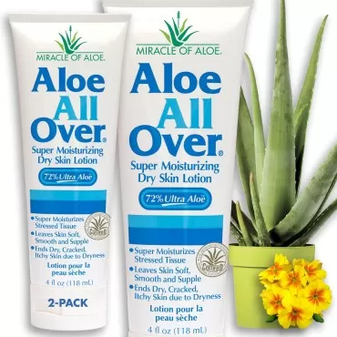 Miracle of Aloe’s Aloe All Over Super Moisturizing Dry Skin Lotion (2-Pack, 4 oz) - Made with 72% UltraAloe Aloe Vera Gel. Safe for Everyone: Men, Women, Children, Kids. Ends Flaking and Restores Dry Skin Fast