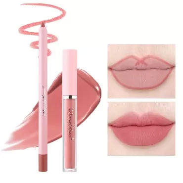 2Pcs Pink Lip Liner Pencil and Lipstick Set,Velvet...