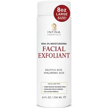 INFINA ESSENTIALS Face Exfoliator, Big 8 fl oz, Pore Reducing BHA Liquid Exfoliant w/Glycolic Acid, Salicylic Acid & Hyaluronic Acid, Facial Skin Care for Smooth, Even Toned Skin
