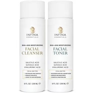 INFINA ESSENTIALS Face Cleanser and Facial Toner, Big 8 fl oz Each, Skincare Beauty Duo Kit for Women with Salicylic Acid, Glycolic Acid & Natural Extracts - Optimal Skin Care