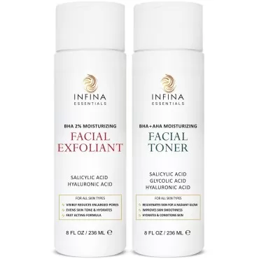 INFINA ESSENTIALS Face Exfoliator & Toner for Face, Big 8 fl oz Each - Revitalizing Facial Toner & Pore Reducing BHA Liquid Exfoliant - Optimal Facial Skin Care Products for Women