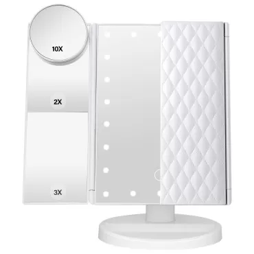 Makeup Mirror with Lights 1X 2X 3X 10X Magnification, Lighted Makeup Mirror for Desk, Touch Control, Tri-Fold Portable LED Make up Mirror, Two Power Supply Modes, White