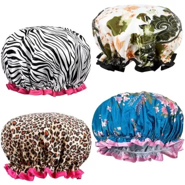 Lofekea Waterproof Shower Cap, 4 Pack Shower Caps for Women, Elastic Reusable Bath Hair Cap for Shower, Adjustable Double Layered Waterproof Bathing Shower Hat