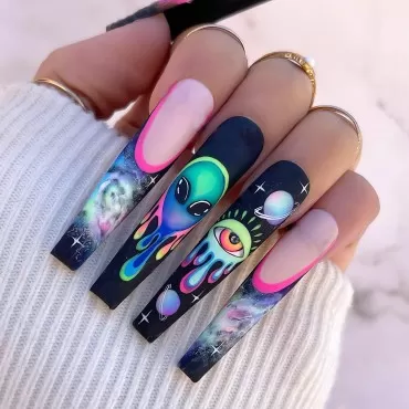 IMSOHOT Extra Long Press on Nails Coffin Blue Fake Nails Glossy Acrylic Ballerina False Nails Glue on Nails Skeleton Full Cover Graffiti Nails with Evil Eyes Designs 24PCS