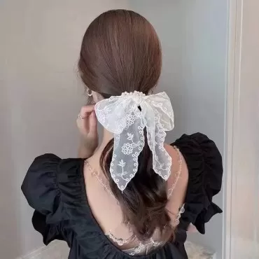 Lace Hair Bow Scrunchies Pearl Hair Scarf Scrunchie Ribbon Hair Ties Cute Floral Scrunchy Holder Hair Band Tails Knotted Bowknot Scrunchie for Women (Lace Ribbon Scrunchies 2pcs)