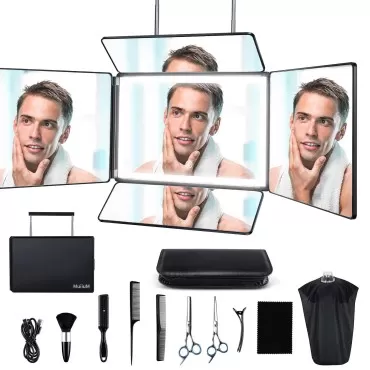 5 Way Mirror for Self Hair Cutting, 360 Mirror for Braiding, 5 Sided Barber Mirrors with Light, Makeup Mirror with Adjustable Telescoping Hooks, DIY Haircut Tool are Good Gifts for Men Women