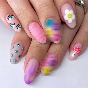 IMSOHOT Almond Press on Nails Medium Matte Fake Nails Stiletto Face False Nails with Designs Full Cover Acrylic Nails Colorful Graffiti Cute Glue on Nails for Women and Girls 24pcs