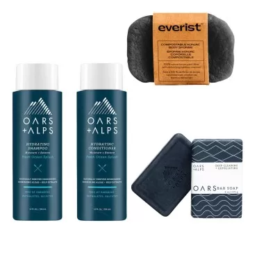 MightyNest Men's Shower Set: Oars and Alps Blue Charcoal Bar Soap, Shampoo, Conditioner, and Charcoal Body Sponge | Sustainable and Plastic Free | Moisturizing, Hydrating for all Skin and Hair Types | 4 Piece Bath Gift Set