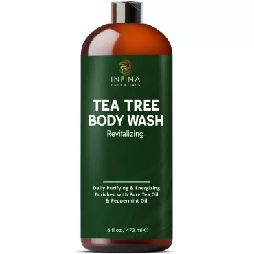 INFINA ESSENTIALS Tea Tree Body Wash Men & Women - Invigorating Shower Gel Soap - Helps with Body Odor, Soothes Itching, Deep Cleansing Tea Tree Oil Body Wash - 16 fl oz