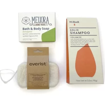 MightyNest Bath & Body Plastic Free Shower Set | HiBar Volumize Shampoo Bar, Travel Size, Color Safe, Zero Waste | Lemongrass Bar Soap | Compostable Konjac Body Sponge | Zero Waste and Vegan