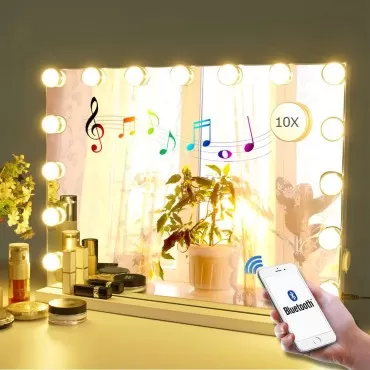 Despful Vanity Mirror Makeup Mirror with Lights,10X Magnification,Large Hollywood Bluetooth Lighted Vanity Mirror with 15 LED Bulbs & Speaker,3 Color Modes,Touch Control for Tabletop or Wall-Mounted