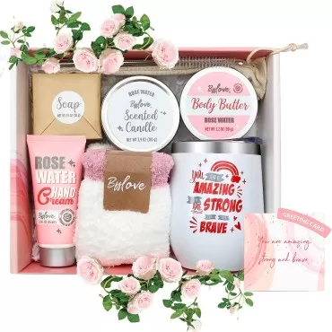 Rose Spa Gift Set for Women - Perfect Self Care Package - Includes Wine Tumbler, Soap, Candles, Butter Cream, Socks - Birthdays Ideal for Daughters, Best Friends, Sisters, and Moms